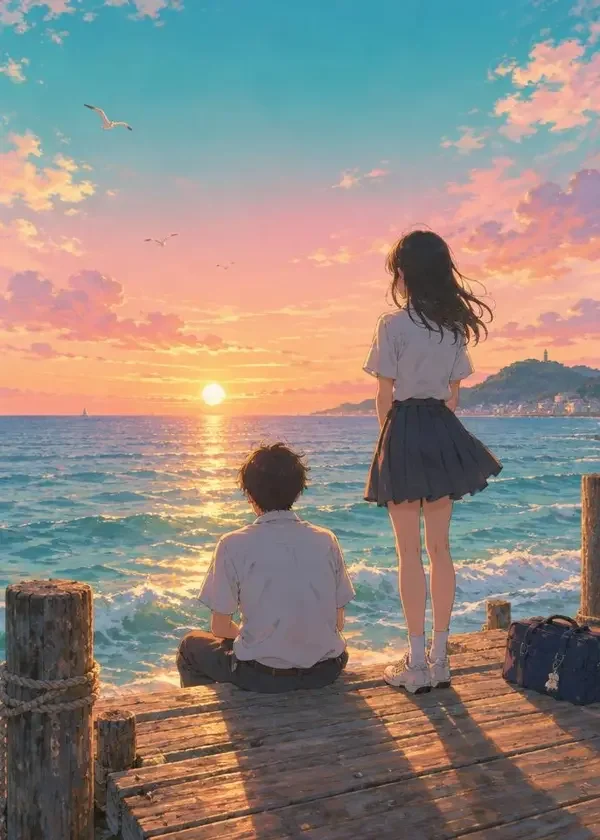 潮汐变色 封面图，治愈日常、校园青春题材，简介：海边的夏天，每天都是不同的蓝