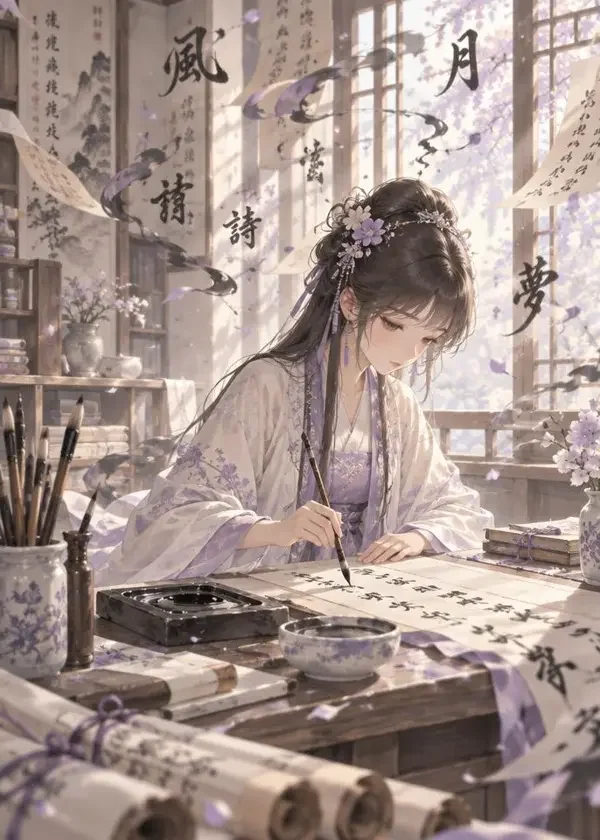 流动的砚色 封面图，治愈日常、奇幻冒险题材，简介：写不完的字，会自己走掉