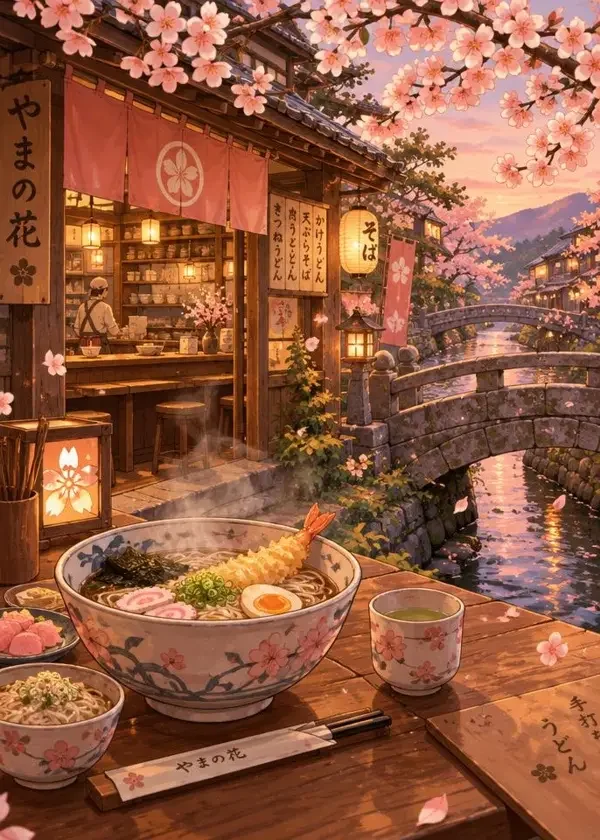小桥面店 封面图，美食生活、治愈日常题材，简介：一碗面，热气腾腾地等人
